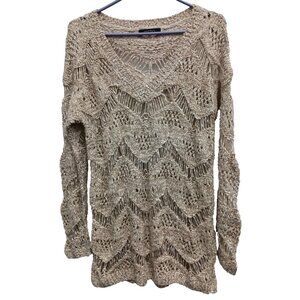 Janet Paris BOHO Cottagecore Sweater Womens S/M Beige Metallic Crochet Open Knit